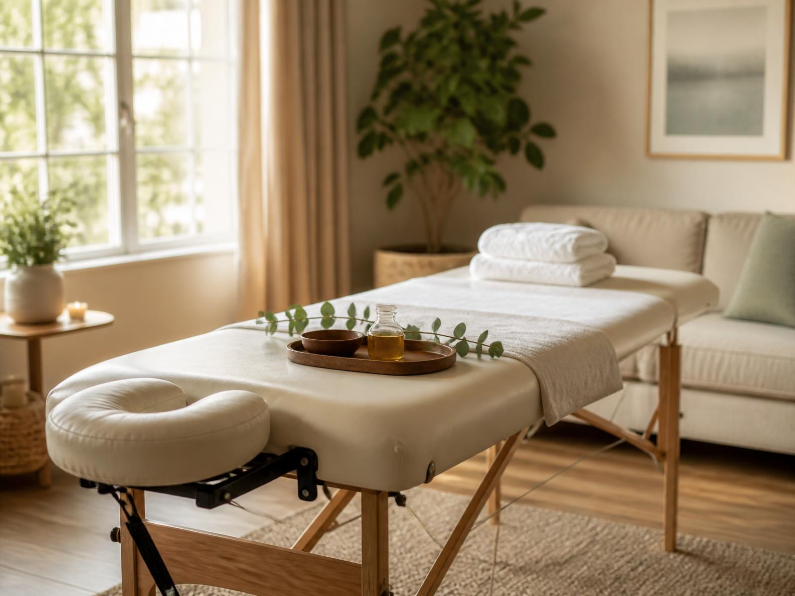 Massage table set up with fresh towels and oil in a sunlit Melbourne living room